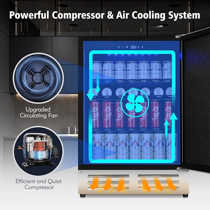 24 Inch Beverage Refrigerator Outdoor, Under Counter Beverage Cooler for Patio, Built-in Drink Fridge 210 Cans, with Stainless Steel Door for Soda, Beer, Wine