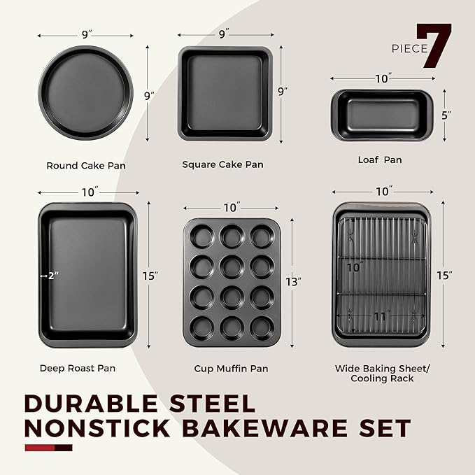 KITESSENSU Baking Pans Sets, Nonstick Bakeware Sets 7-Piece with Round/Square Cake Pan, Loaf Pan, Muffin Pan, Cookie Sheet, Roast Pan, Cooling Rack, Carbon Steel Bake Set