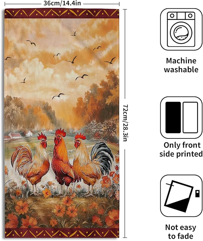 Imiss Farm Chicken Hand Towels Set of 2 Vintage Rooster Floral Bathroom Towel 14.4 x 28.3 Inch Farmhouse Rustic Kitchen Tea Dish Cloth for Guest Spa Home Housewarming Gift
