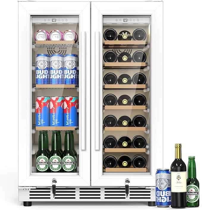 24 Inch Dual Zone Wine and Beverage Refrigerator - Under Counter Built-in/Free Standing Beverage Cooler with Glass Door,Beverage Fridge with Large Capacity, Advanced Cooling System, White
