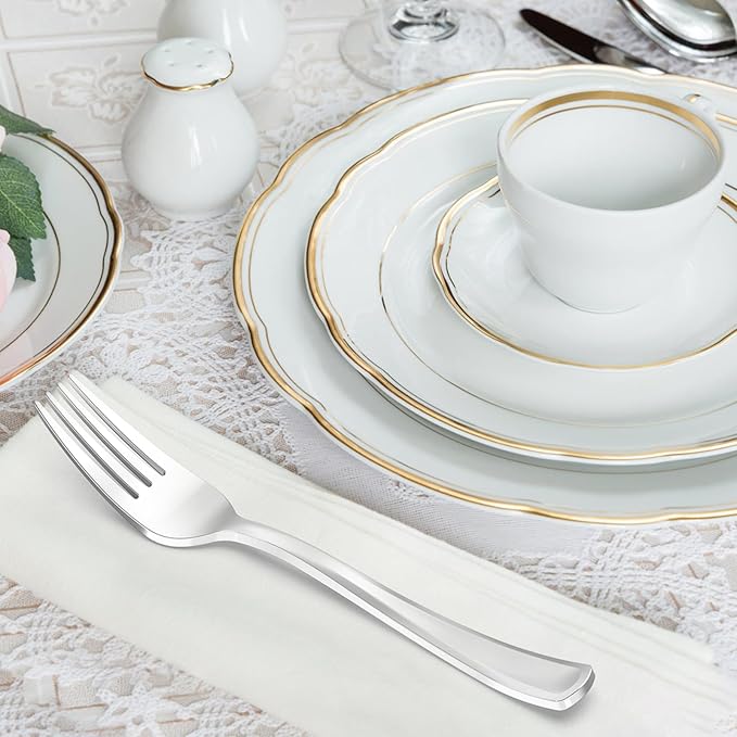 100 Count Heavy Duty Silver Plastic Forks Disposable, BPA-Free, Heat Resistant, Solid and Durable Premium Plastic Disposable Forks for Party Supply