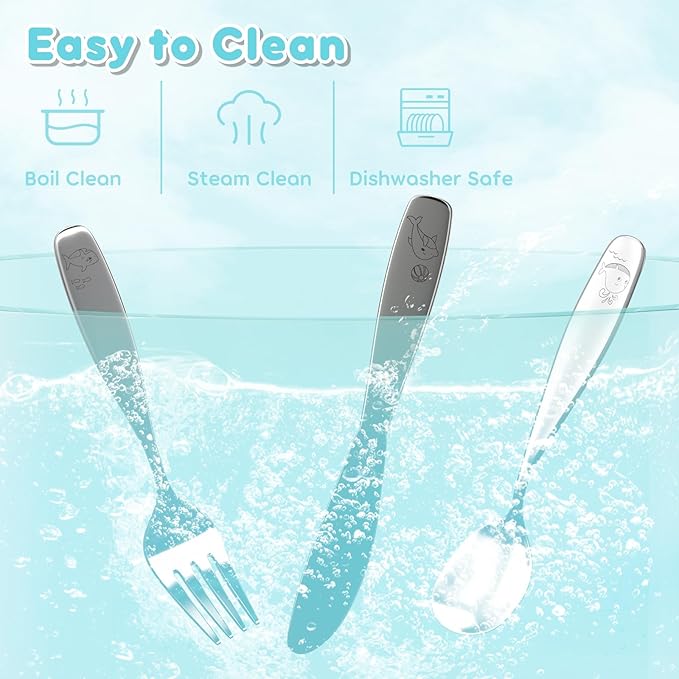 Lehoo Castle Kids Silverware Stainless Steel 6 Piece - Toddler Spoons and Forks Knife Set, Metal Kids Cutlery Set, Toddler Utensils Self Feeding (Ocean Park)