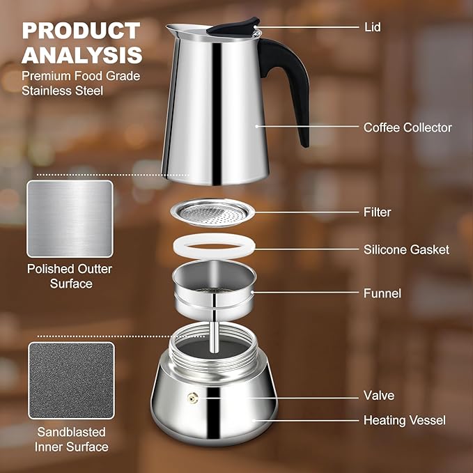 9 Cup Stovetop Espresso Maker Stainless Steel Moka Pot Stove Top Percolator Italian Coffee Makers Capable Mocha Greca Machine Cafe Classic Induction Cookers for Home and Camping 450ml 15oz