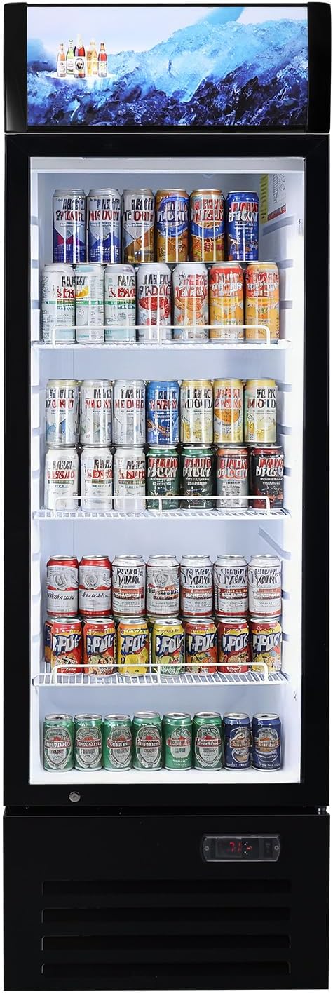 Commercial Refrigerators 9 Cu.Ft Upright Merchandiser Drink Cooler – Glass Door Beverage Fridge with LED Light, Adjustable Shelves, Lock Wheels – Display Refrigerator for Beer, Bar, Shop