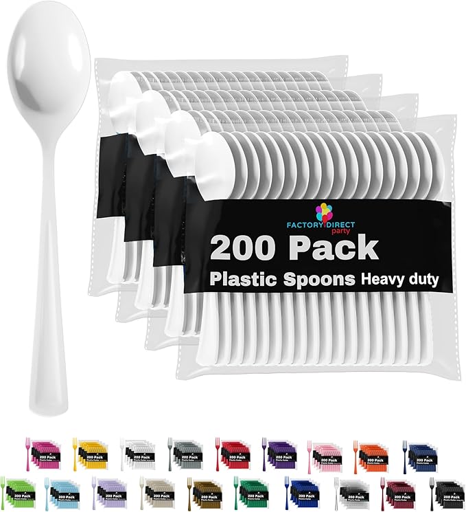 Party Solids 200 Pcs Heavy Duty Plastic Cutlery - White Disposable Flatware, Plastic Spoons