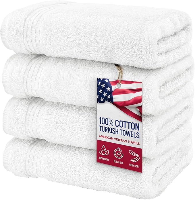 American Veteran Towel, Hand Towels for Bathroom Set of 4, 100% Cotton Turkish Hand Towel Sets, Soft Hand Face Towels, White Hand Towels
