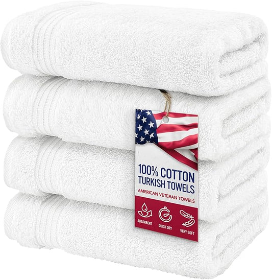 American Veteran Towel, Hand Towels for Bathroom Set of 4, 100% Cotton Turkish Hand Towel Sets, Soft Hand Face Towels, White Hand Towels