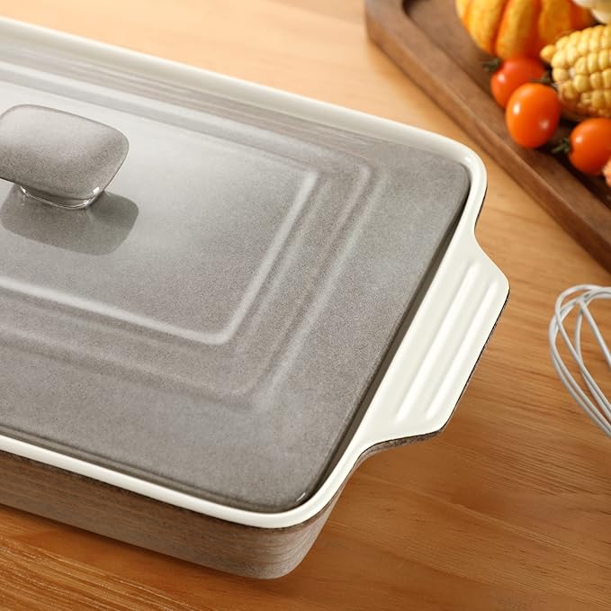 LOVECASA 4.5 Quart Ceramic Casserole Dish with Lid, 9x13 Baking Dish for Oven, Lasagna Pan Deep with Handles, Stoneware Bakeware, Oven & Dishwasher Safe, Grey