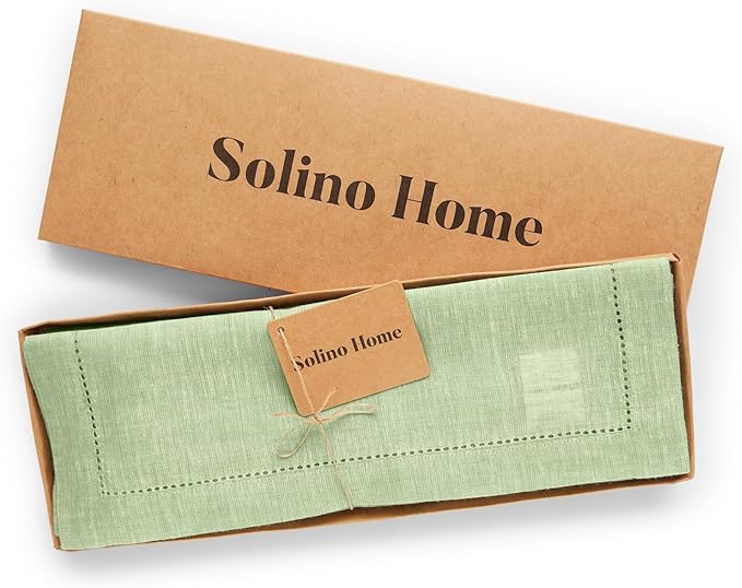 Solino Home Linen Placemats Set of 4 - Milan Hemstitch Pistachio Placemats 14 x 19 Inch - 100% Pure Linen Table Mats for Holiday
