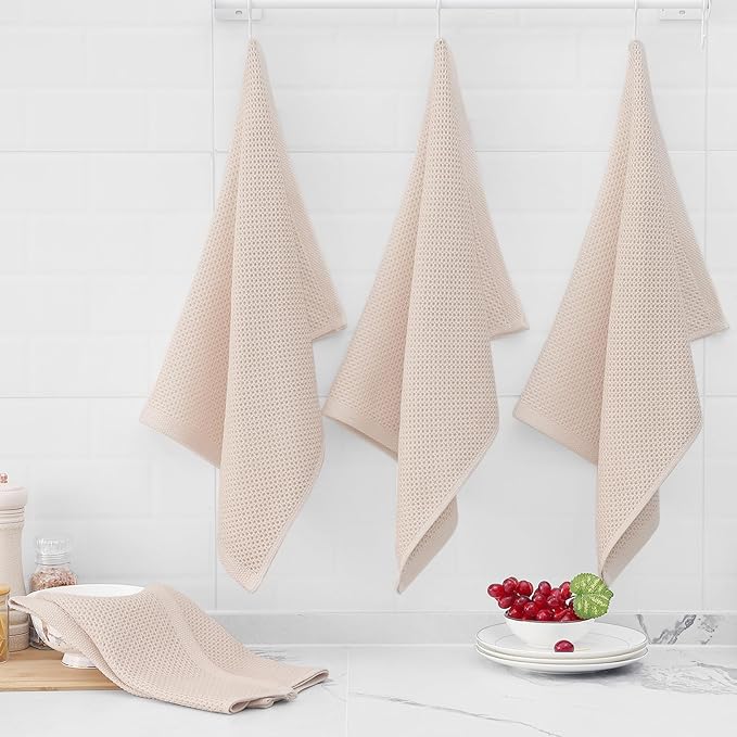 Homaxy 100% Cotton Waffle Weave Kitchen Dish Towels, Ultra Soft Absorbent Quick Drying Cleaning Towel, 20x28 Inches, 6-Pack, Beige