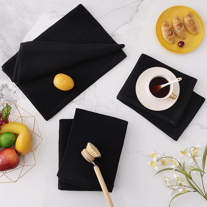 Homaxy 100% Cotton Waffle Weave Kitchen Dish Towels, Ultra Soft Absorbent Quick Drying Cleaning Towel, 20x28 Inches, 12-Pack, Black