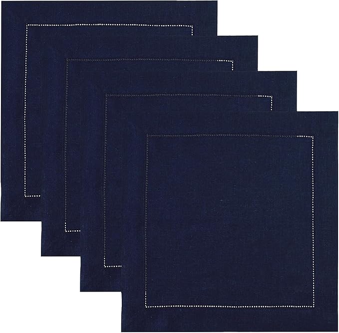 Solino Home Square Placemats Set of 4-100% Pure Linen Navy Blue Cloth Placemats 14 x 14 Inch - Classic Hemstitch, Machine Washable Place Mats for Winter