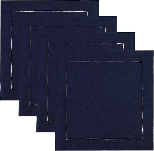 Solino Home Square Placemats Set of 4-100% Pure Linen Navy Blue Cloth Placemats 14 x 14 Inch - Classic Hemstitch, Machine Washable Place Mats for Winter