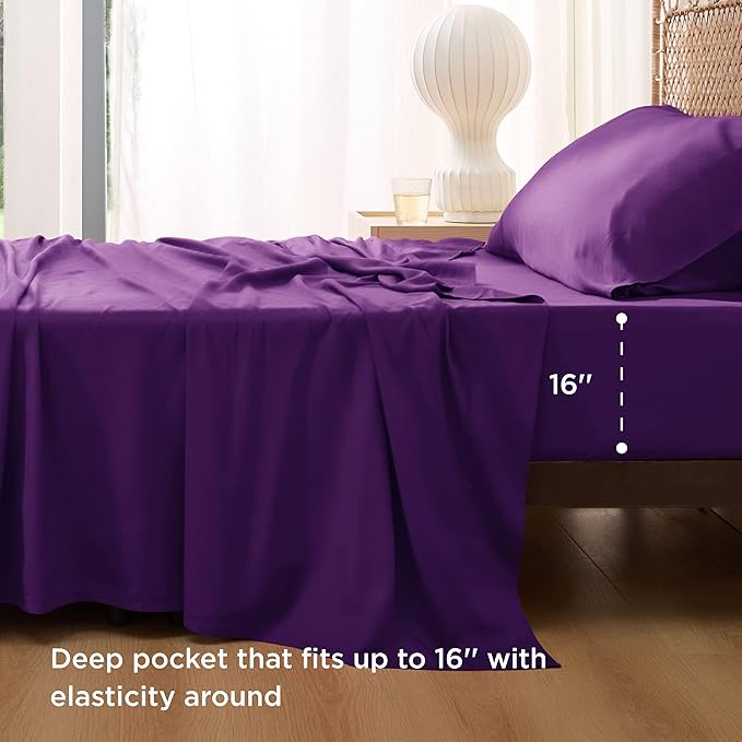 Bedsure Cooling Sheets Twin, Rayon Derived from Bamboo, Breathable & Soft Twin Sheets Set, Deep Pocket Up to 16 Inches, Hotel Luxury Silky Bedding for Hot Sleepers, Plum