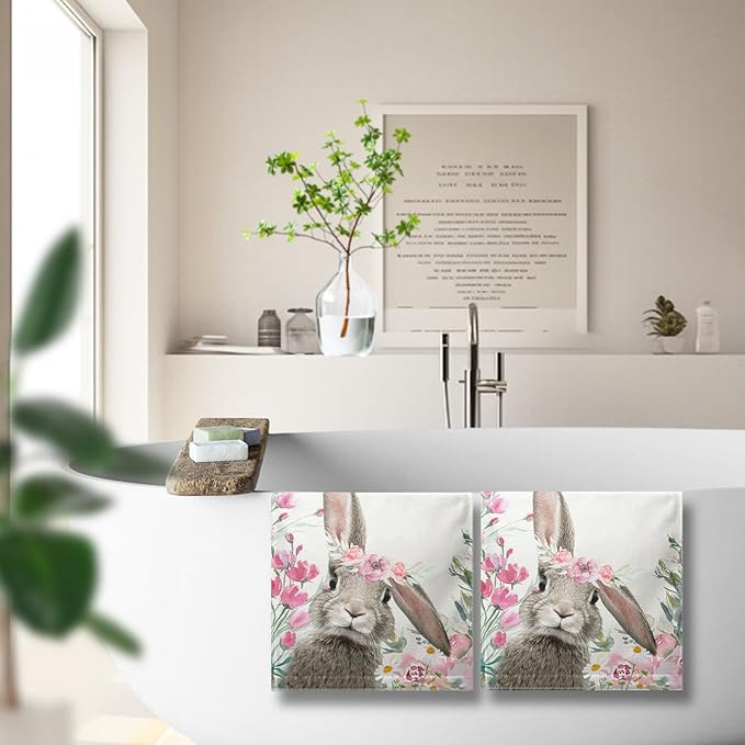 Easter Bunny Hand Towels Spring Cute Rabbits Kitchen Towel Flowers Soft Portable Dish Tea Towels Washcloths for Kitchen Bathroom Decorations 14.4X 28.3