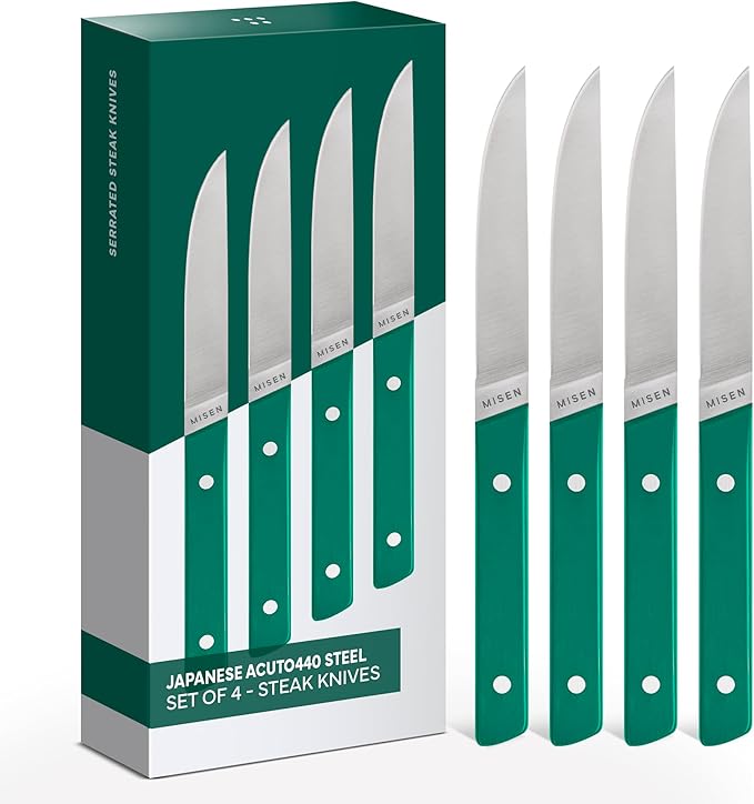 Misen ACUTO Straight-Edge 4-Piece Steak Knife Set - Precision Forged Full Tang Blades, Ergonomic POM Handles, Long-Lasting Sharpness, Easy to Maintain - For Professionals and Home Cooks - Green