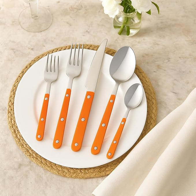 Khen 20-Piece Cutlery Set with Dinner Knives, Forks, Spoons, Salad Forks & Teaspoons – Durable and Dishwasher Safe Utensil Set for Home, Kitchen, Parties & Special Occasions – Orange Handle