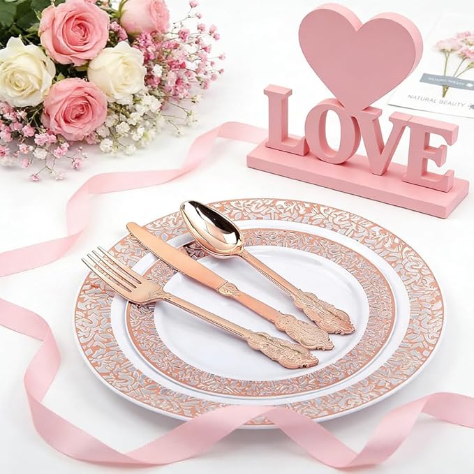 WDF-300 Pieces Rose Gold Plastic Silverware- Disposable Flatware -Heavyweight Plastic Cutlery- Includes 100 Forks, 100 Spoons, 100 Knives for Wedding& Parties