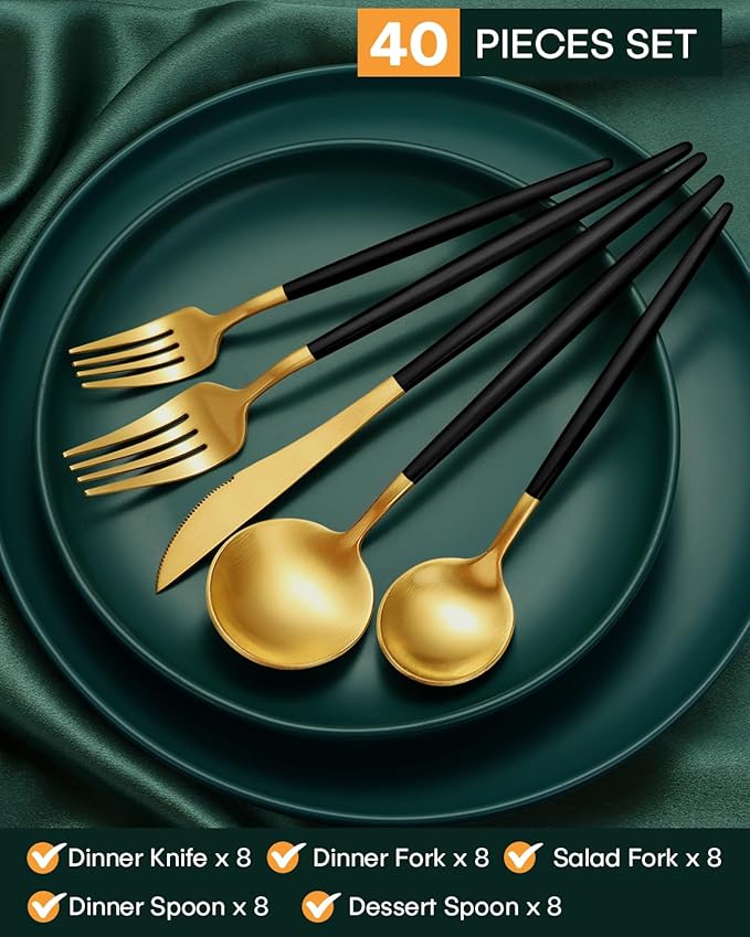 EUIRIO 40-Piece Modern Matte Silverware Set, Black Gold Flatware Set for 8, Premium Stainless Steel Cutlery Set with Forks Spoons and Knives, Heavy Duty Kitchen Utensil Sets, Dishwasher Safe