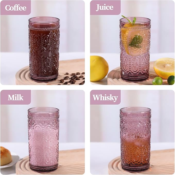 Purple Drinking Glasses Set of 4, Vintage Drinking Glasses, Colored Glassware Drinking, Highball Beverage Glasses Cup, Vintage Glassware Set for Water, Juice, Cocktail, Coffee