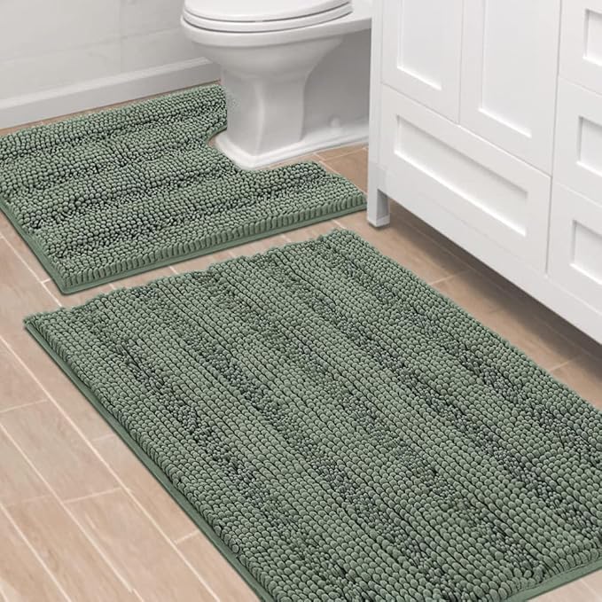 H.VERSAILTEX Bathroom Rugs Bath Rug Set 2 Piece Bathroom Contour Rug Toilet Mat Non Slip Contour Bath Rug Ultra Thick Water Absorbent Striped Bath Mats Washable(36" x 24" Plus 20" x 24" U, Green Bay)