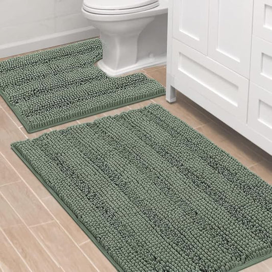 H.VERSAILTEX Bathroom Rugs Bath Rug Set 2 Piece Bathroom Contour Rug Toilet Mat Non Slip Contour Bath Rug Ultra Thick Water Absorbent Striped Bath Mats Washable(36" x 24" Plus 20" x 24" U, Green Bay)