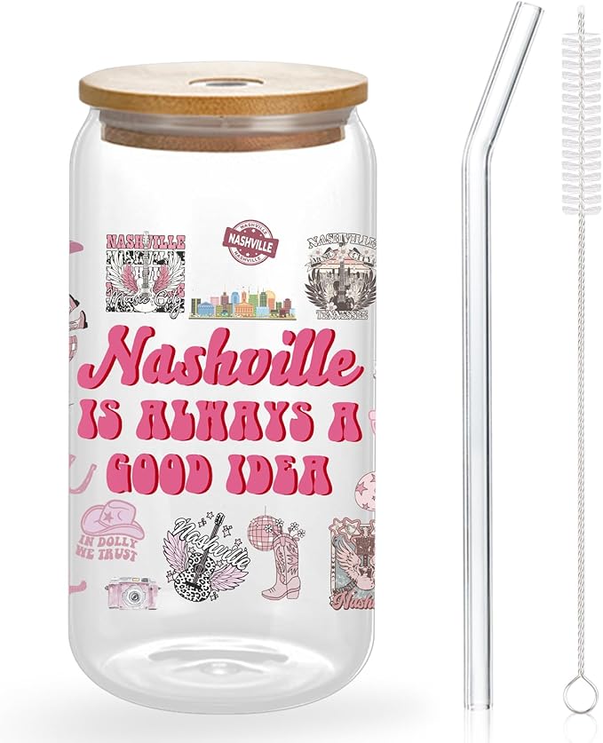 Nashville Gifts - Cute Pink Cups with Lids and Straws, 16 Oz Pink Tumbler for Women & Girls Birthday, Christmas, Bachelorette Party Favors