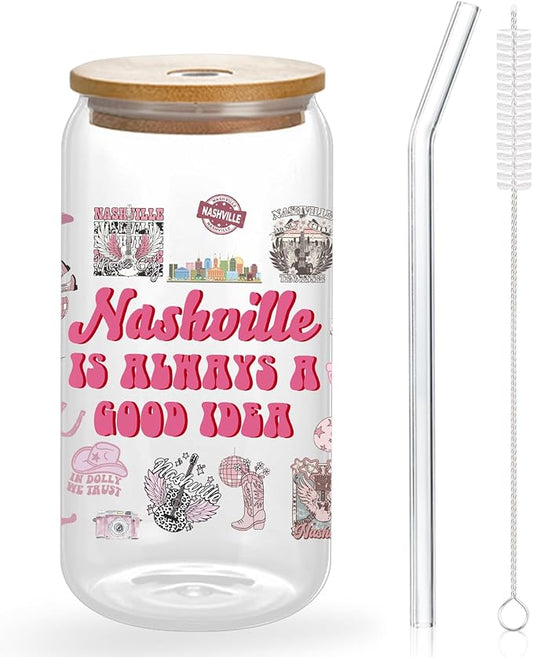 Nashville Gifts - Cute Pink Cups with Lids and Straws, 16 Oz Pink Tumbler for Women & Girls Birthday, Christmas, Bachelorette Party Favors