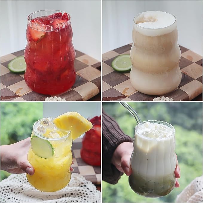 4 Pcs Ribbed Glass Cups, Vintage Drinking Glassware with Glass Straw 18 Oz Bubble Iced Coffee Cup for Juice, Tea, Beverage, Milk, Beer, Cocktails Ideal for Gift