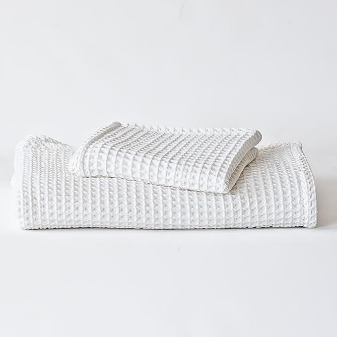 2-Piece Waffle Towels Set for Bathroom White - Soft 100% Turkish Cotton Quick-Dry Lint-Free Waffle Weave Thin Bath and Hand Towels (White, Set of 2 Mix Towels)