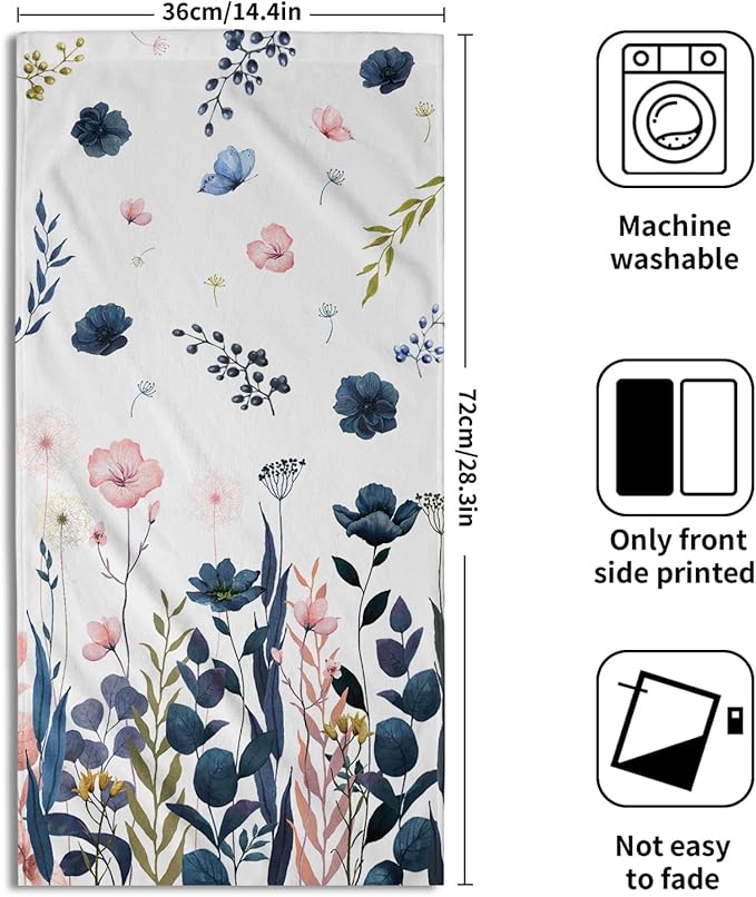 Imiss Navy Blue Pink Floral Hand Towels for Bathroom Set of 2 Poppy Flowers Botanical Leaf Guest Face Towel 14.4 x 28.3 Inch for Kitchen Gym Hotel Spa