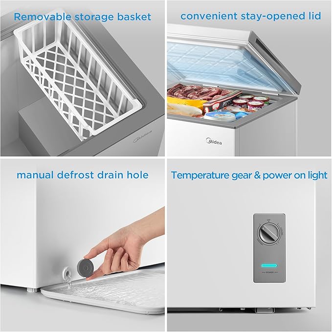 Midea MERC05C4BAWW Chest Freezer, 5.1 Cubic Feet Freezer With Removable Basket, Interior LED Light, Adjustable Temperature, For Kitchen Apartment Office, White