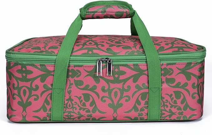 Lestyn Insulated Casserole Baking Dish Carrier Portable Lunch Tote Bag Fits Up to 9"x13" Pan for Transport to Keep Food Hot/Cold for Gathering/Potluck Parties/Cookouts/Picnics - Pink/Green