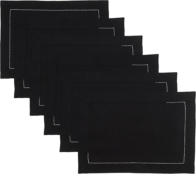 D'Moksha Homes Linen Placemats Set of 6 - Classic Hemstitch Black Placemats 14 x 19 Inch - 100% Pure Linen Table Mats for Winter, Holiday, New Year - Handcrafted and Machine Washable