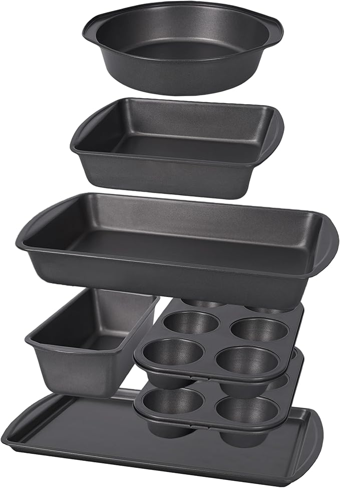 LISI 7 Piece Baking Pans Set Non Stick, Heavy-Duty Carbon Steel Oven Pan Set Include Muffin Pan, Loaf Pan, Cake Pan & Roasting Pan, PFA Free Non Toxic Make a Great Gift for Family