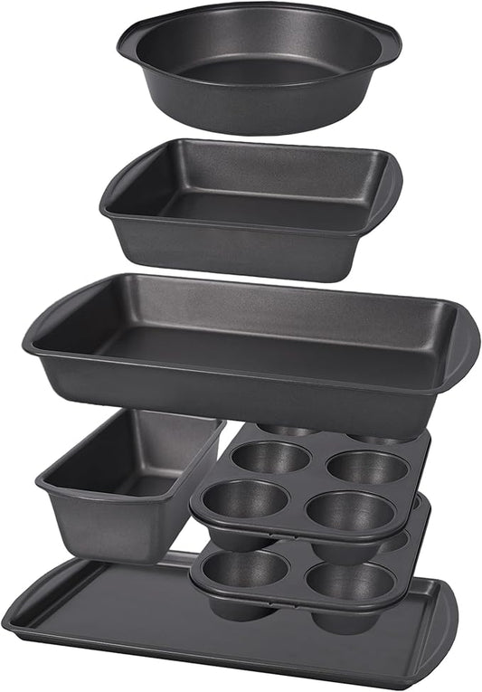 LISI 7 Piece Baking Pans Set Non Stick, Heavy-Duty Carbon Steel Oven Pan Set Include Muffin Pan, Loaf Pan, Cake Pan & Roasting Pan, PFA Free Non Toxic Make a Great Gift for Family