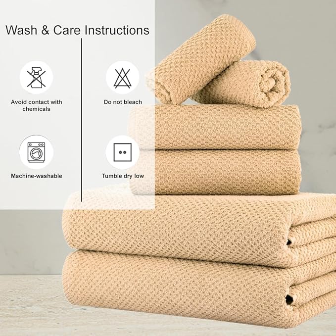 CASA COPENHAGEN Popcorn 6 Pieces Towel Set- Beige, 600 GSM 2 Bath Towel 2 Hand Towel 2 Washcloth, Designed in Denmark Made of Soft Egyptian Cotton for Bathroom, Kitchen & Shower