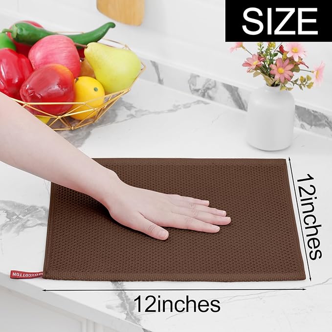 Homaxy 100% Cotton Waffle Weave Kitchen Dish Cloths, Ultra Soft Absorbent Quick Drying Dish Towels, 12 x 12 Inches, 8-Pack, Coffee