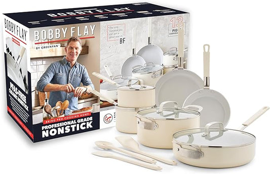 GreenPan x Bobby Flay 13 Piece Nonstick Cookware Pots and Pans Set, PFAS-Free Diamond Ceramic, Induction Suitable, Easy Clean Dishwasher & Oven Safe, Stay-Cool Silicone Handles, Glass Lids, Cream