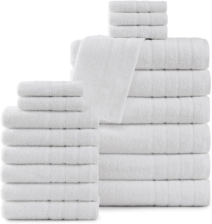 Casa Platino 100% Cotton Luxury Bathroom Towel Set - 18 Pcs - Super Soft, Fluffy & Highly Absorbent - 6 Large Bath Towels, 6 Washcloths, 6 Hand Towels - Complete Family Pack - White Bath Towel Set