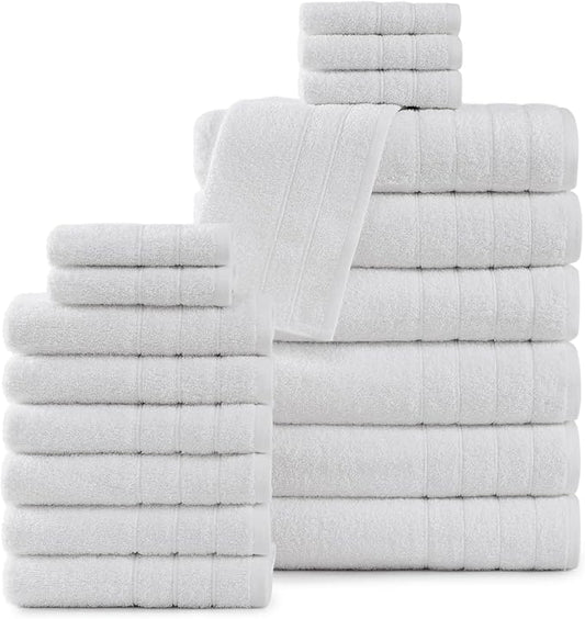 Casa Platino 100% Cotton Luxury Bathroom Towel Set - 18 Pcs - Super Soft, Fluffy & Highly Absorbent - 6 Large Bath Towels, 6 Washcloths, 6 Hand Towels - Complete Family Pack - White Bath Towel Set