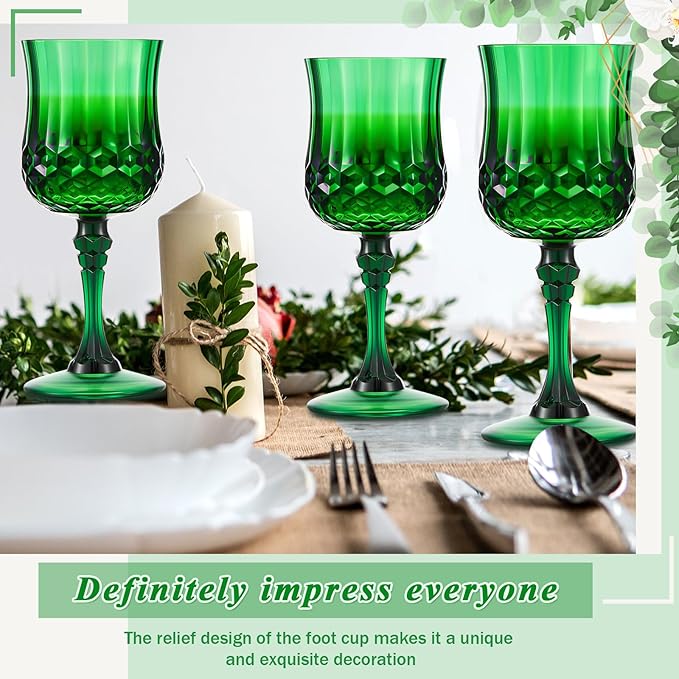 Pinkunn 50 Pcs 7 oz Plastic Vintage Wine Glasses Reusable Colored Goblets Patterned Drinking Water Glasses Cup Dishwasher Safe for Christmas Wedding Reception Party Supplies (Green)