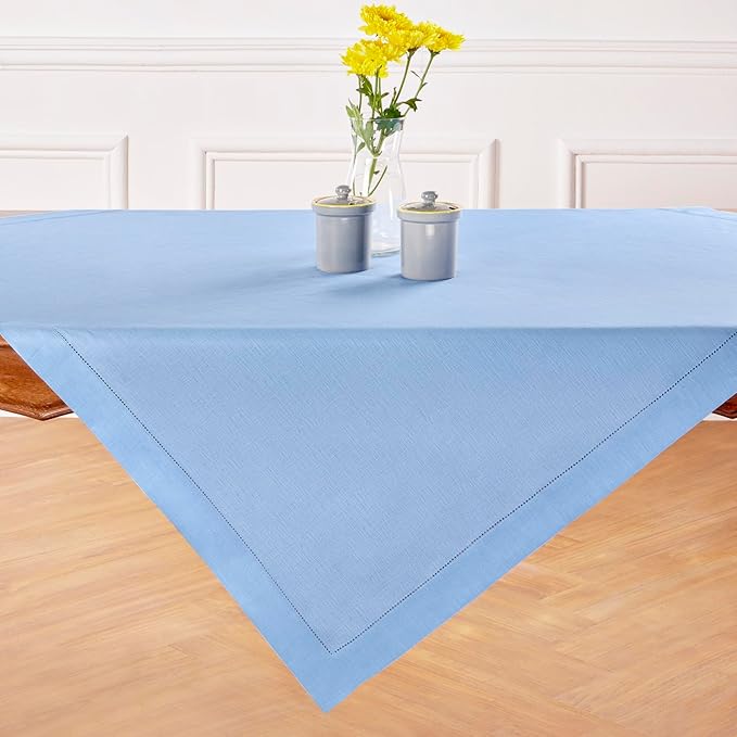 Solino Home Linen Cornflower Blue Tablecloth 52 x 52 Inch - 100% Pure Linen Square Table Throw - Classic Hemstitch, Machine Washable Table Cloth for Holiday, New Year