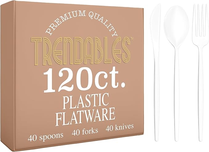 Trendables White Plastic Silverware Set White Silverware Disposable Forks and Spoons Disposable 120 Pack Plastic Utensils Set Includes 3 x 40 each Knives & Spoons & Forks For Parties and Events