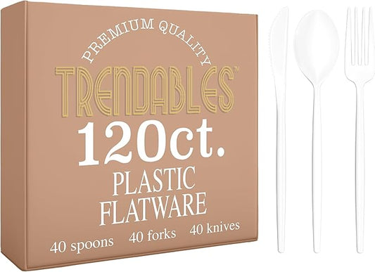 Trendables White Plastic Silverware Set White Silverware Disposable Forks and Spoons Disposable 120 Pack Plastic Utensils Set Includes 3 x 40 each Knives & Spoons & Forks For Parties and Events