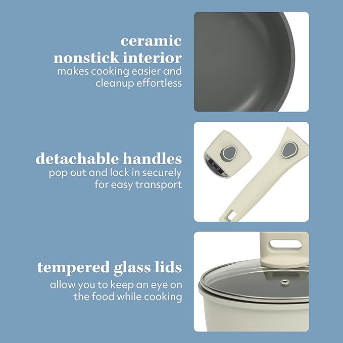 Sur La Table Kitchen Essentials 13 Piece Detachable Handle Pots and Pans Premium PFA Free Premium Ceramic Non Stick Induction Safe and Secure Removable Handle Cookware Set - Eggshell White