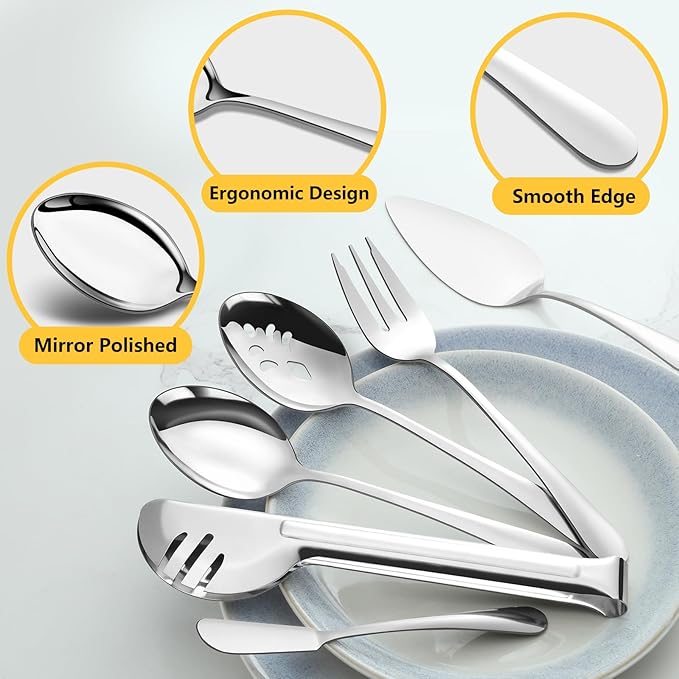 Pleafind 18-Piece Stainless Steel Utensil Set - Serving Spoons, Slotted Spoons, Forks, Tongs, Pie Server, Butter Knife for Parties & Banquets