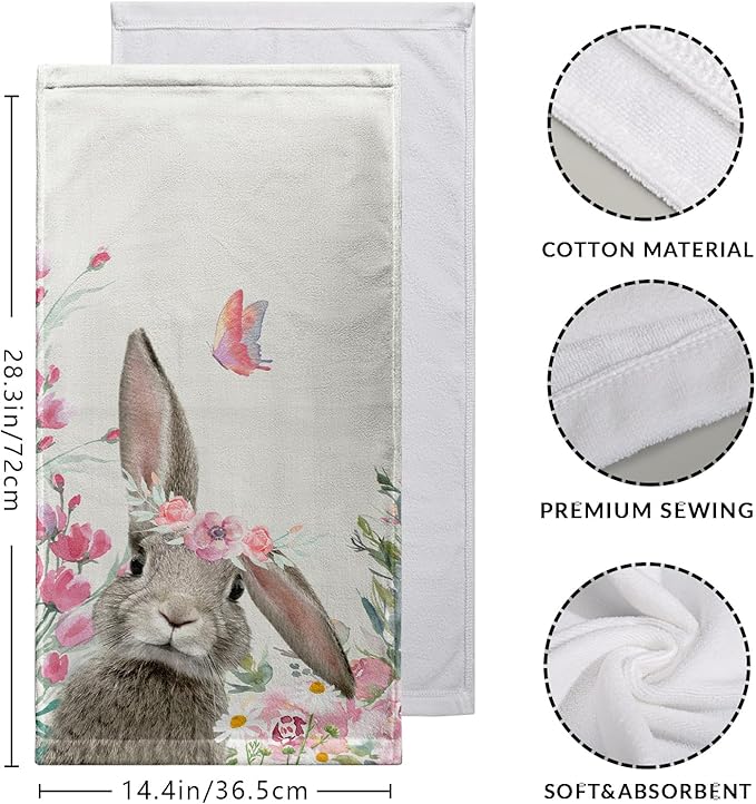 Easter Bunny Hand Towels Spring Cute Rabbits Kitchen Towel Flowers Soft Portable Dish Tea Towels Washcloths for Kitchen Bathroom Decorations 14.4X 28.3