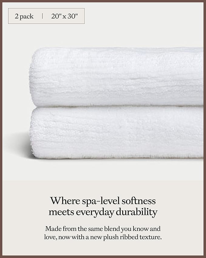 Cozy Earth Ribbed Hand Towel Set - 60% Cotton 40% Viscose from Bamboo Hand Towels - Soft & Absorbent Textured Ribbed Pattern - 2 Pack White