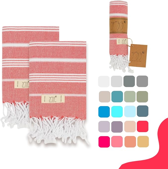 Hand Towels - Set of 2, 18" x 30" inches, Decorative Peshtemal Cotton Hand Towels for Kitchen, Bath, Guest, Face, Hair, Gym, Yoga, Dishcloth, Travel (Coral)